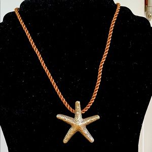 16” sterling silver starfish necklace on taupe silk cording